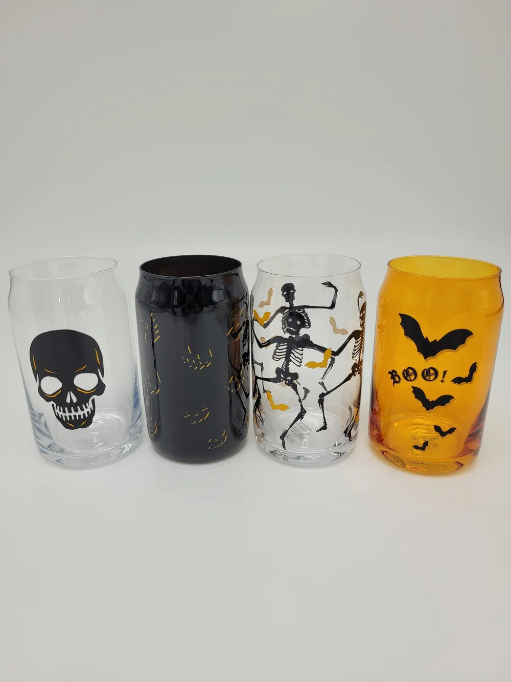 Oneida Vintro Halloween Glass Tumbler Set 4 Clear Black Skull Bat Skeleton NEW
